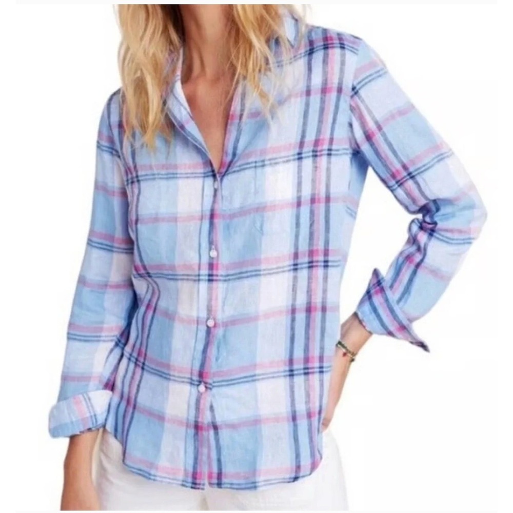 Grayson The Hero Linen Plaid Button Up Shirt Blue Pink White Size 03 // L